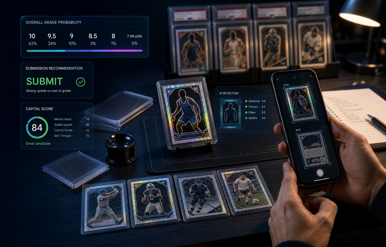 Sports cards being inspected with AI grade probability overlays